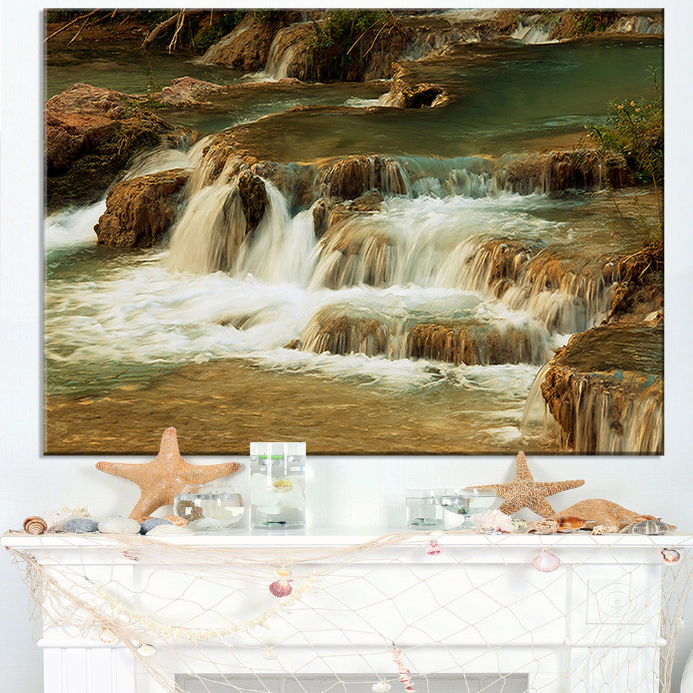 "Waterfall Cascade With White Waters" Modern Landscape Wall Art Canvas, 40"x20"