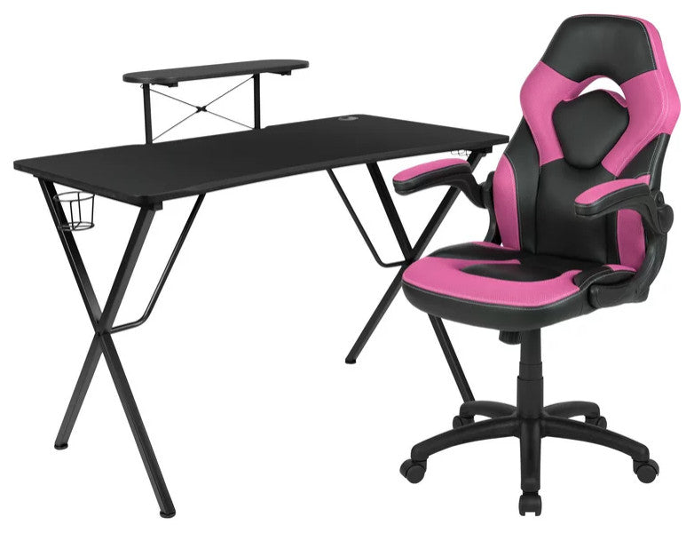 Modern Gaming Desk With Comfortable Chair, Raised Shelf & Cup Holder, Pink