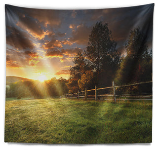 Fenced Ranch at Sunrise Landscape Wall Tapestry, 92"x78"