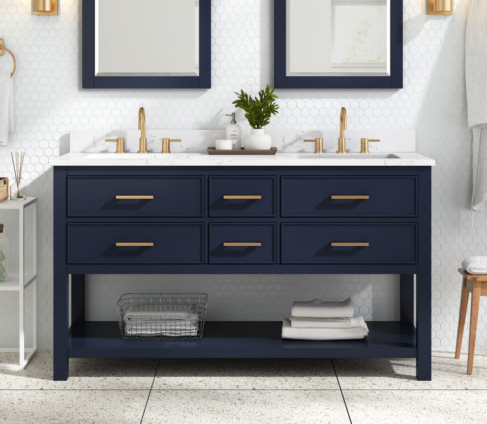 Avanity Brooks 60" Double Vanity, Navy Blue and Cala White Engineered Top
