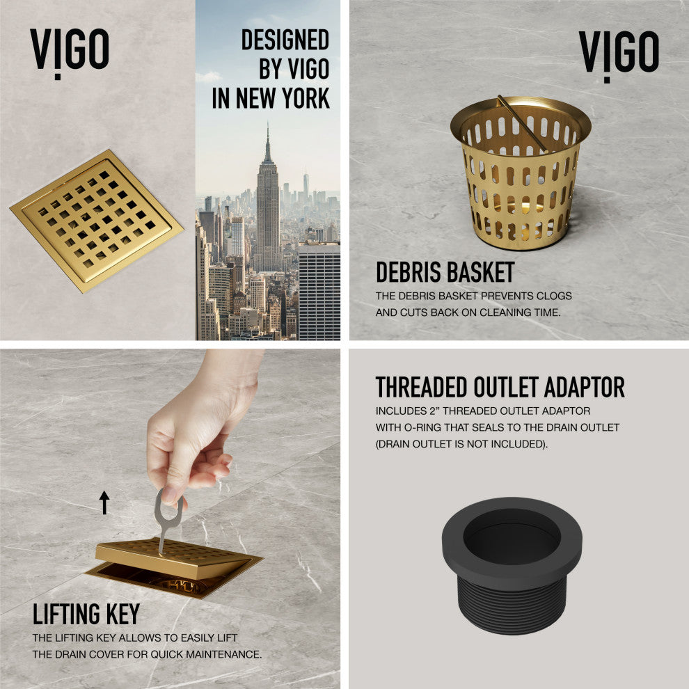 VIGO Elan Linear Shower Drain, Matte Brushed Gold, 4"