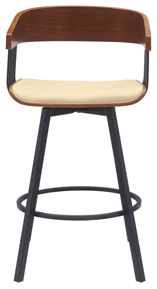 Athena 27" Swivel Walnut Wood Counter Stool Cream Faux Leather With Black Metal, 27
