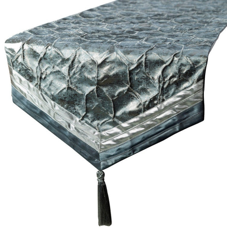 Table Runner Blue Jacquard Silk, Beaded, Foil Tassels - Hexagonal Foil