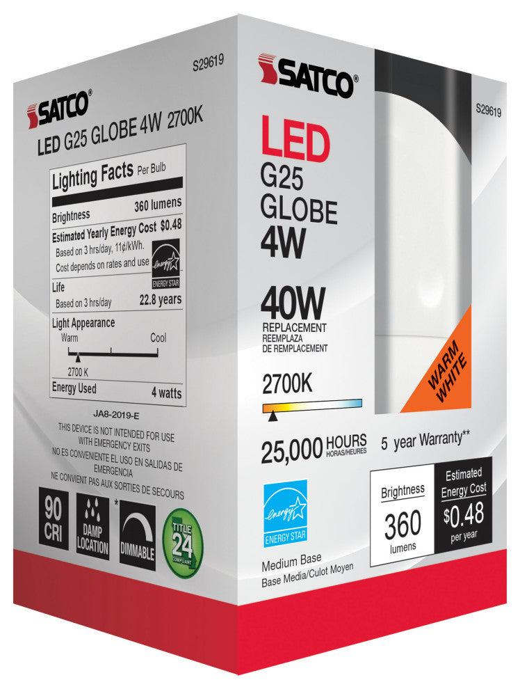 4W, LED G25, 2700K, Medium Base, 120V