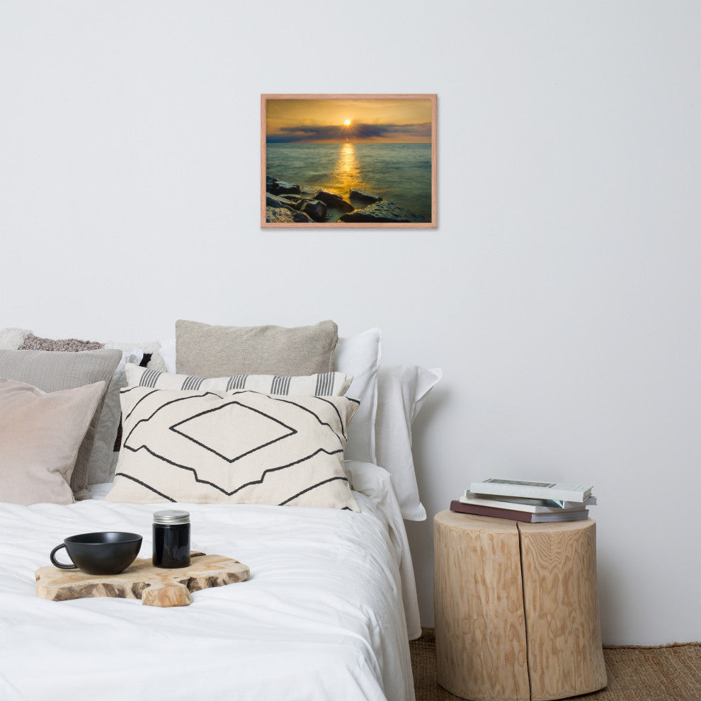 Sun Ray on the Water Coastal Landscape Framed Photo Paper Wall Art Print, Red Oak, 18" X 24"