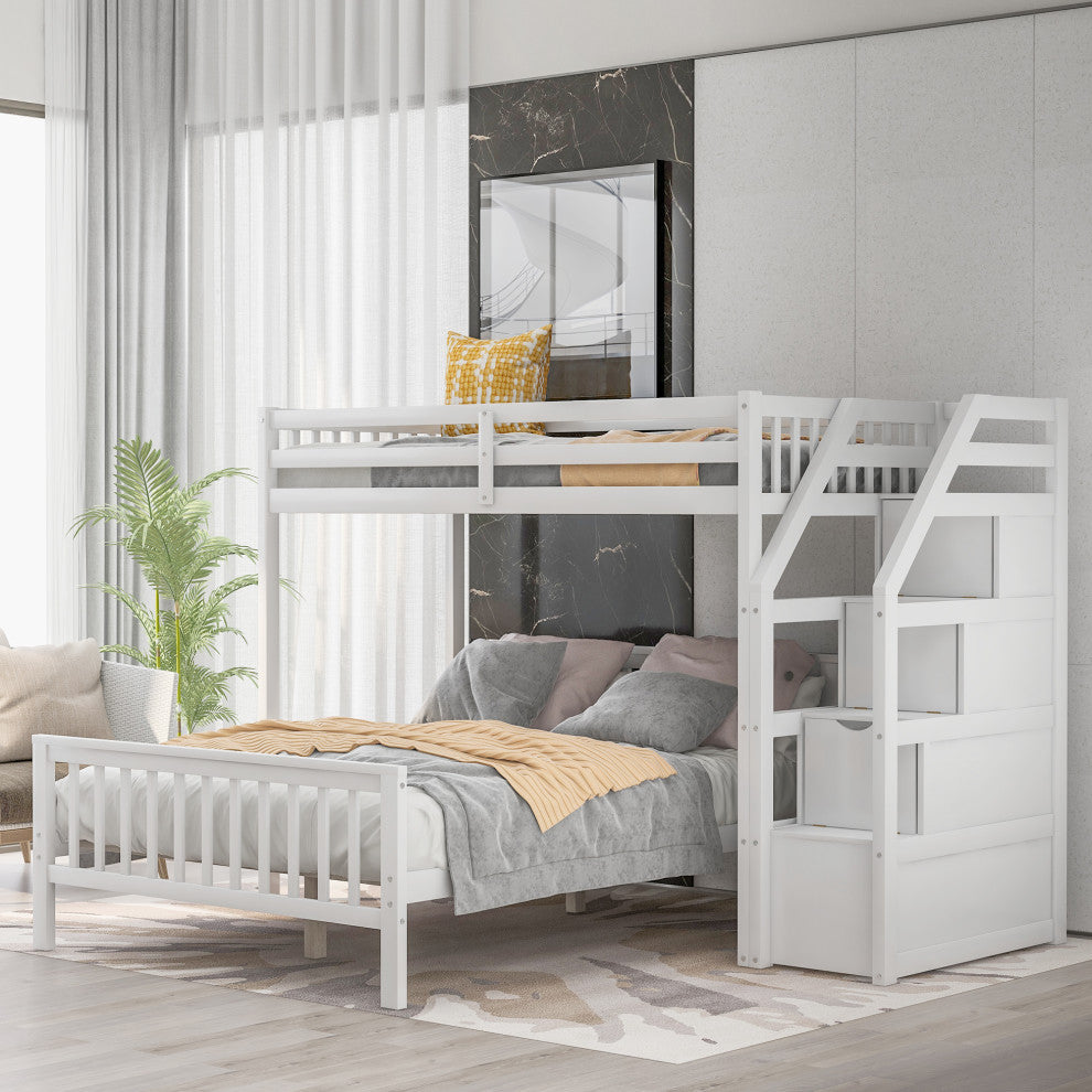 Versatile Design-Twin Over Full Loft Bed, with Staircase, White