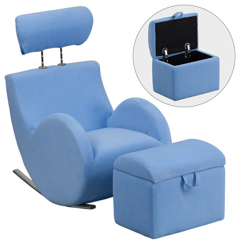 Hercules Series Light Fabric Rocking Chair With Storage Ottoman, Blue