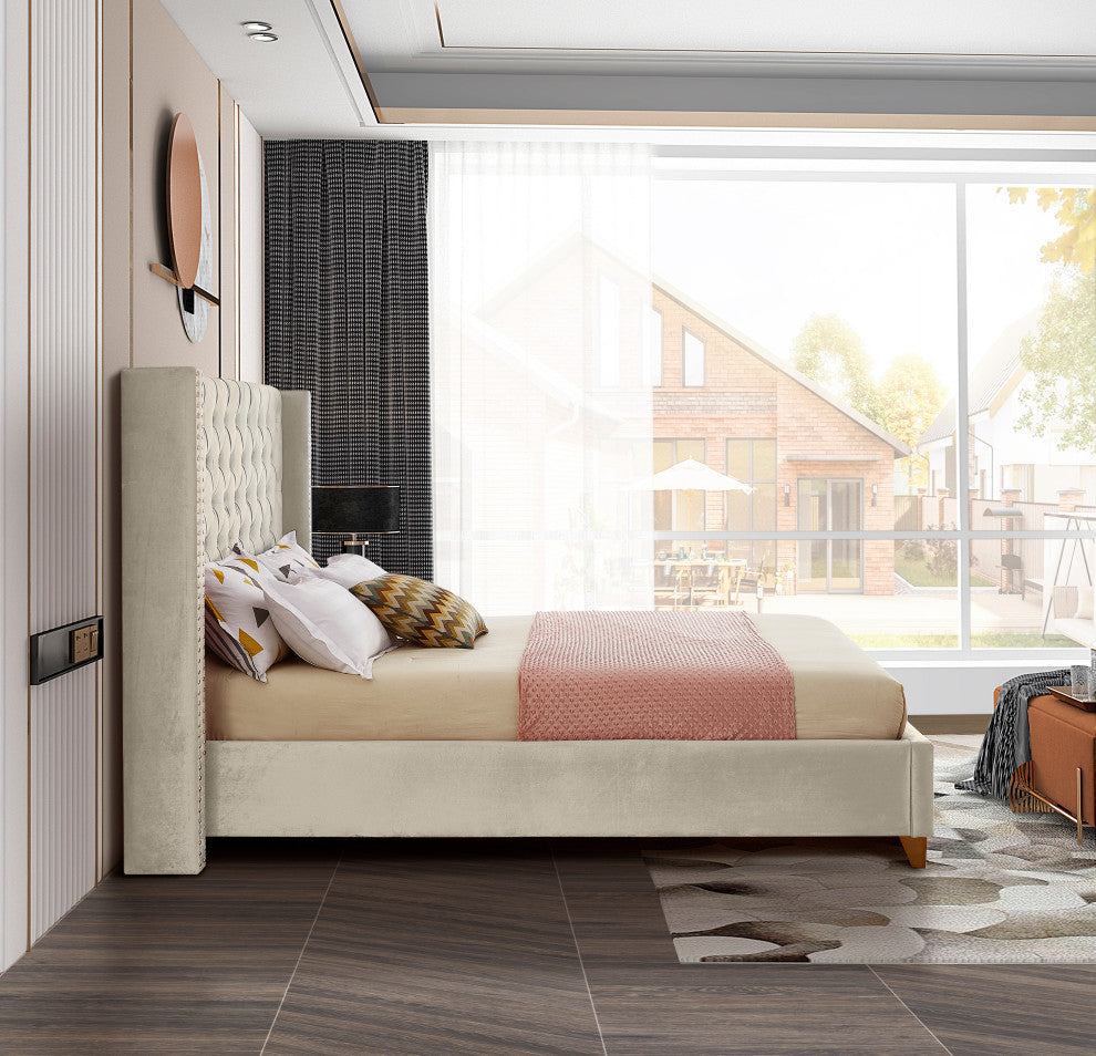 Barolo Velvet Upholstered Bed, Cream, Full