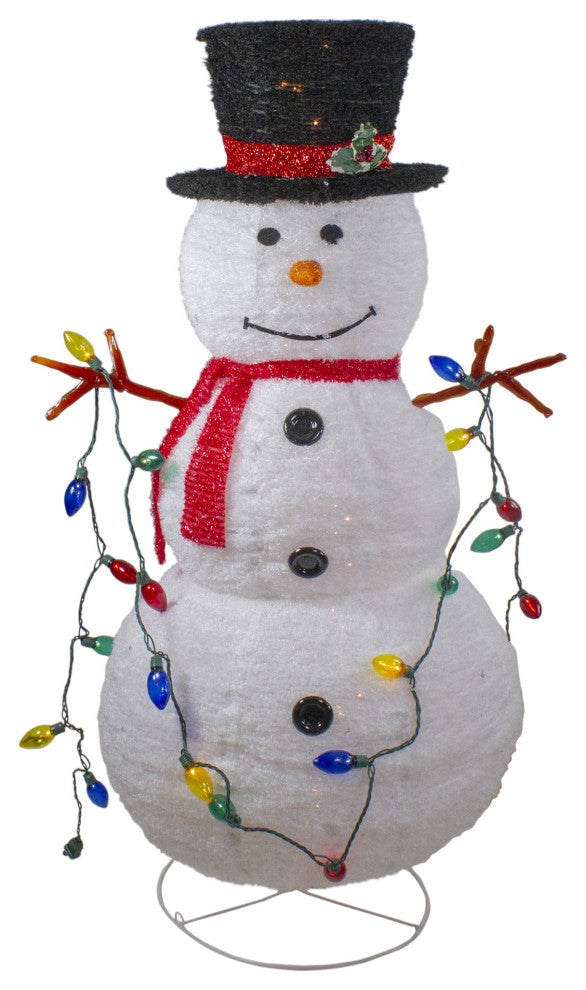 4' Lighted 3-D Chenille Winter Snowman with Top Hat Outdoor Christmas Decoration