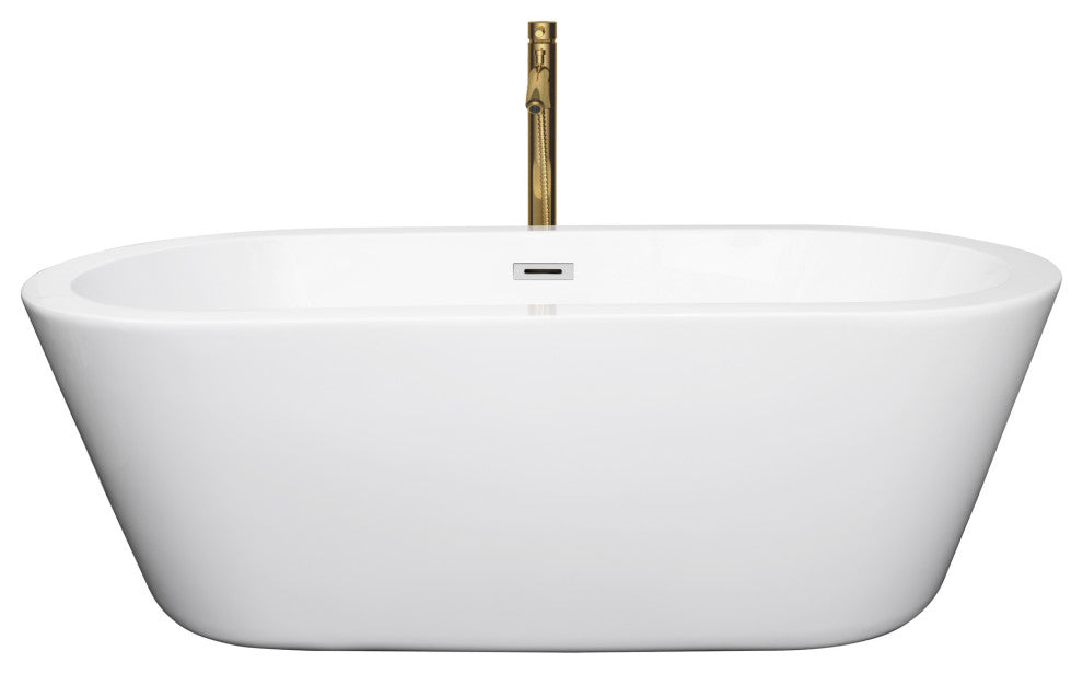 67" Freestanding Bathtub, White, Chrome Trim, Floor Mounted Faucet, Gold