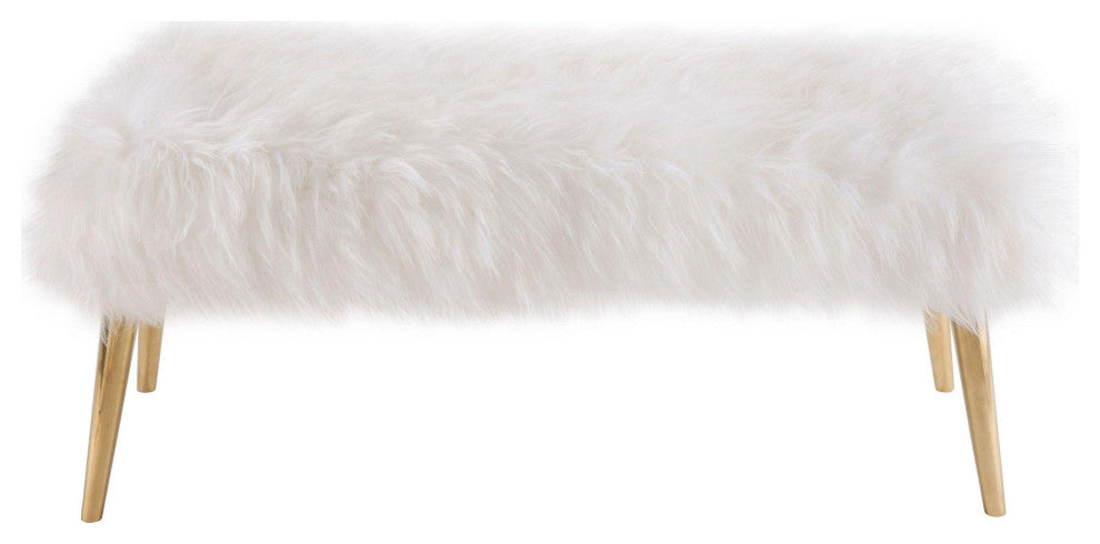Churra White Sheepskin Bench With Gold Legs
