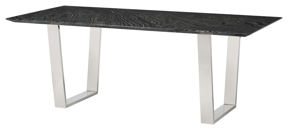 Catrine Dining Table in Black Wood Vein Marble and Polished Stainless Steel Base