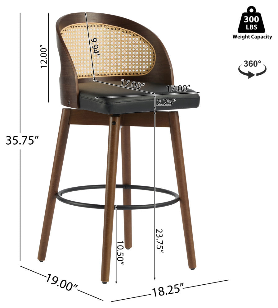 Crystal Rattan Backrest Cushioned Barstools, Set of 2, Dark Walnut/Black