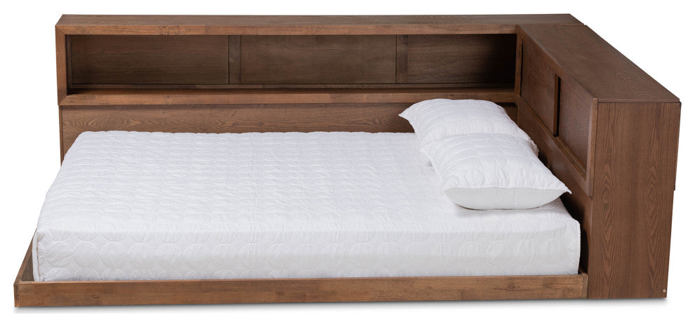 Superia Modern Walnut Brown Queen Size Platform Storage Bed With Built-In Outlet