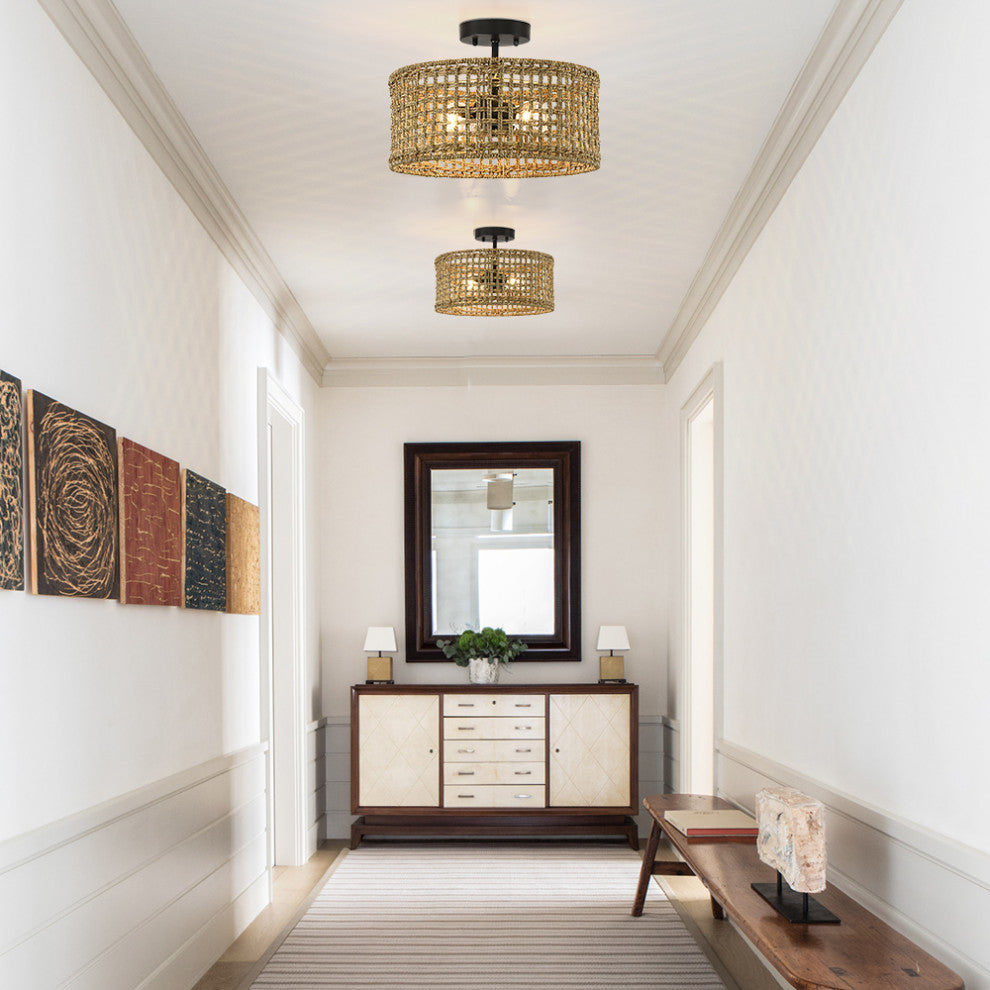 14" W 2-Light Rattan Drum Semi-Flush Mount Ceiling Light