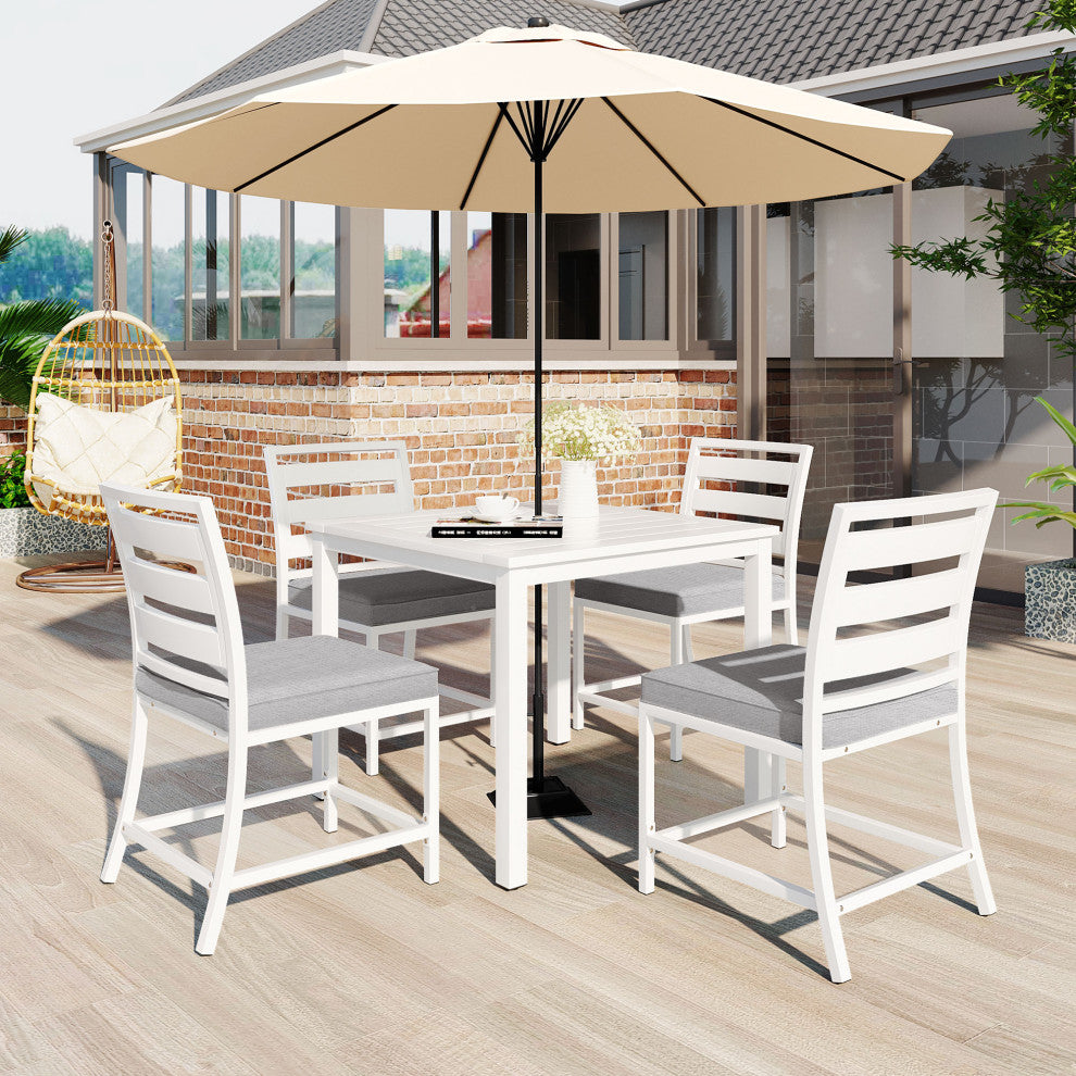5-Piece Outdoor Steel Patio Dining Set with table and four chairs, White