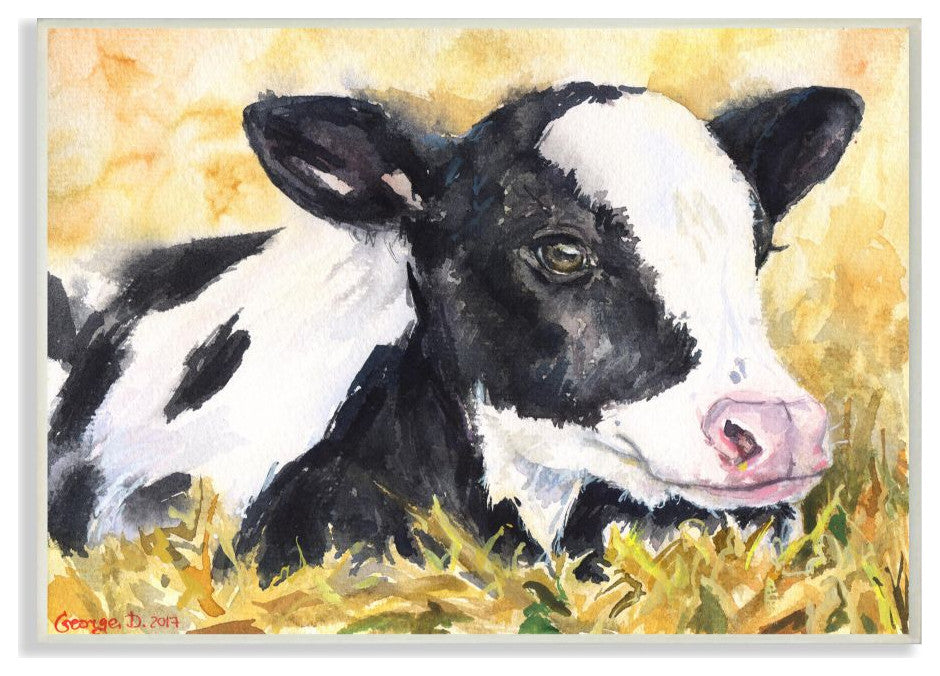 Cute Baby Cow Animal Yellow Watercolor Painting, 12"x18"