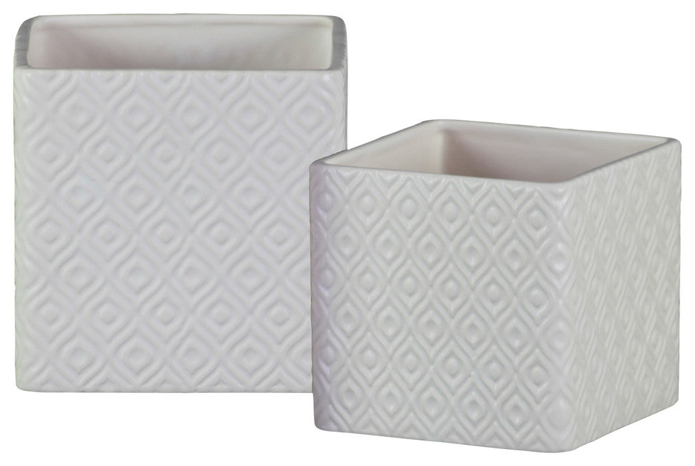 2-Piece Ceramic Square Pot Set, Embossed Diamond Design Body, White