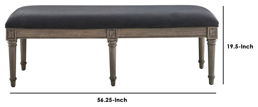 Benzara BM242606 Bench With Velvet Upholstered Seat and 6 Legged Support, Gray
