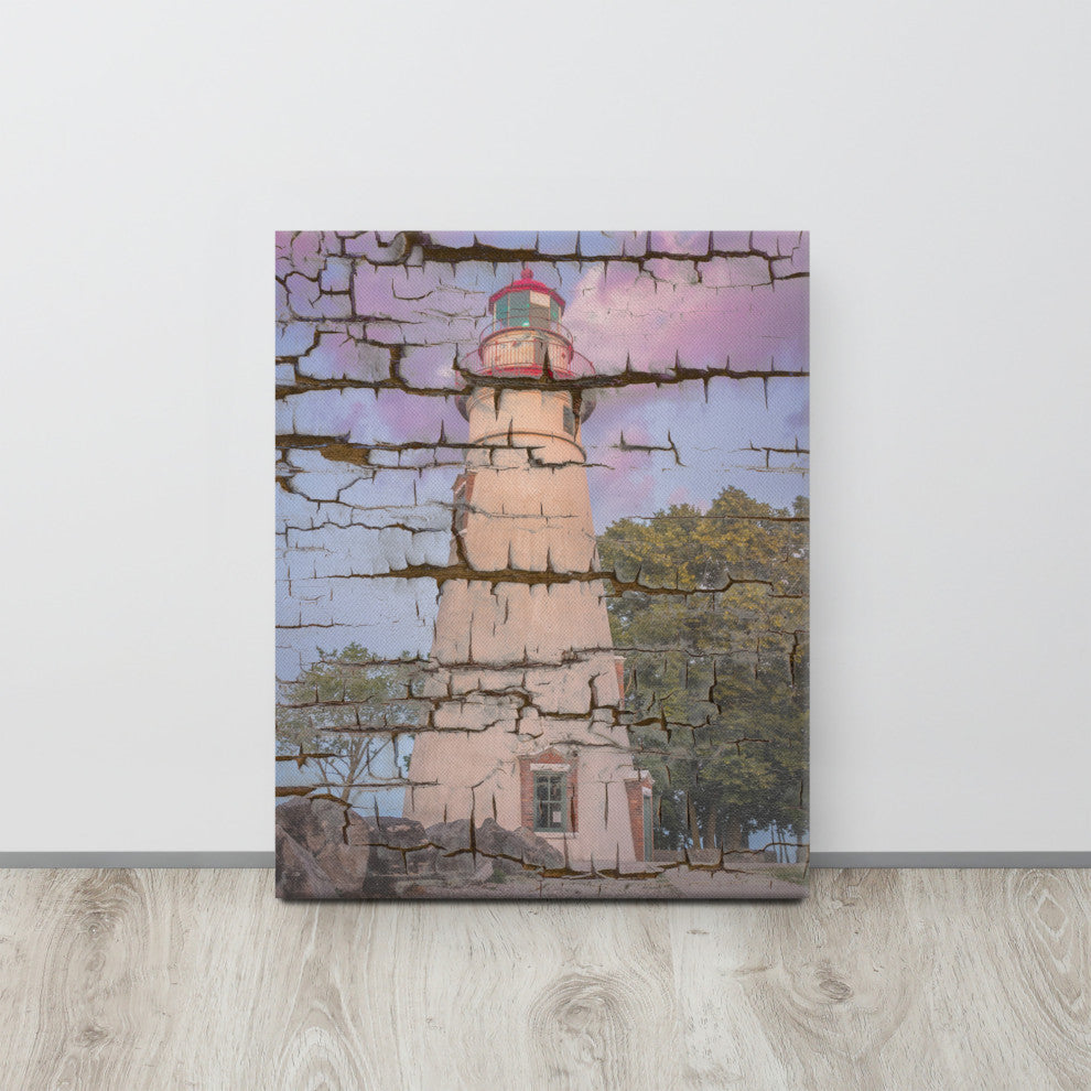 Faux Wood Texture Marblehead Lighthouse at Sunset Canvas Prints, 16" X 20"