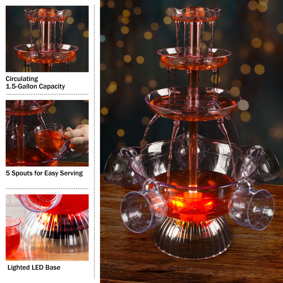 3-Tier Party Drink Dispenser 1.5-Gallon Punch Fountain LED Light Base, 5 Cups