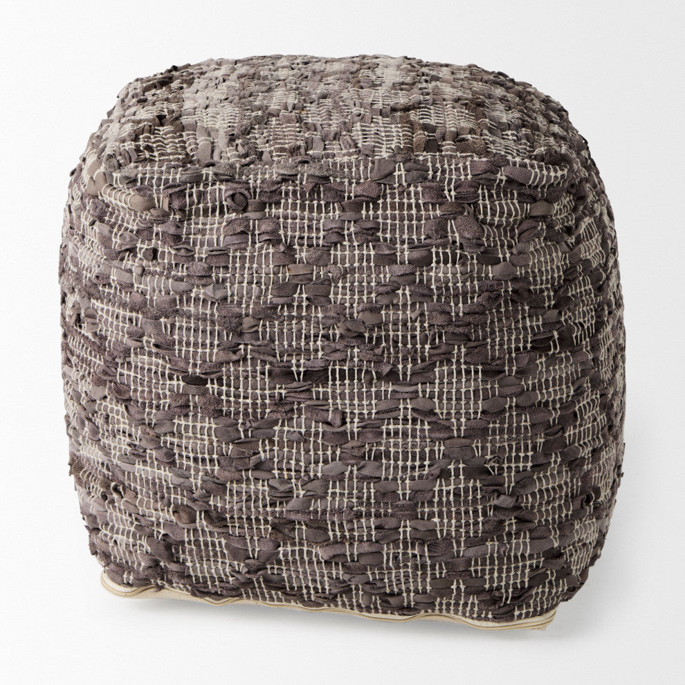 Falguni 16Lx16Wx16H Gray Leather and Cotton Patterned Pouf