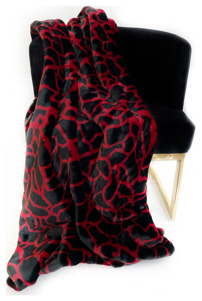 Red Black Plush Faux Fur Luxury Throw Blanket, Blanket 96Lx110W Queen