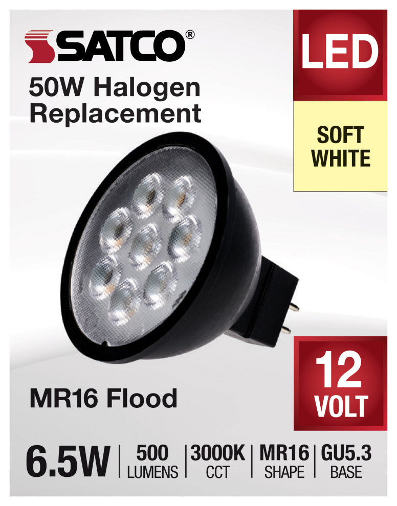 6.5W MR16 LED, Black Finish, 3000K, GU5.3 Base, 500 Lumens, 12V