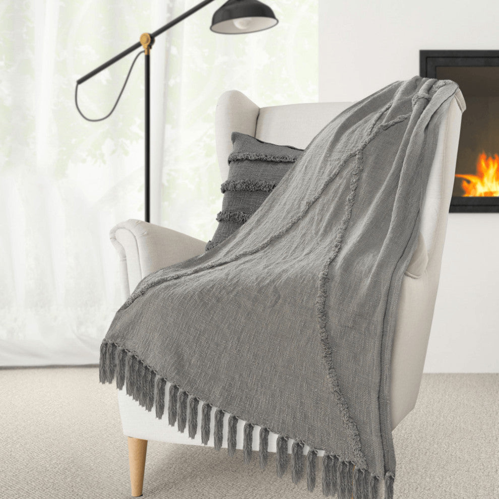Gray Woven Cotton Solid Color Throw Blanket