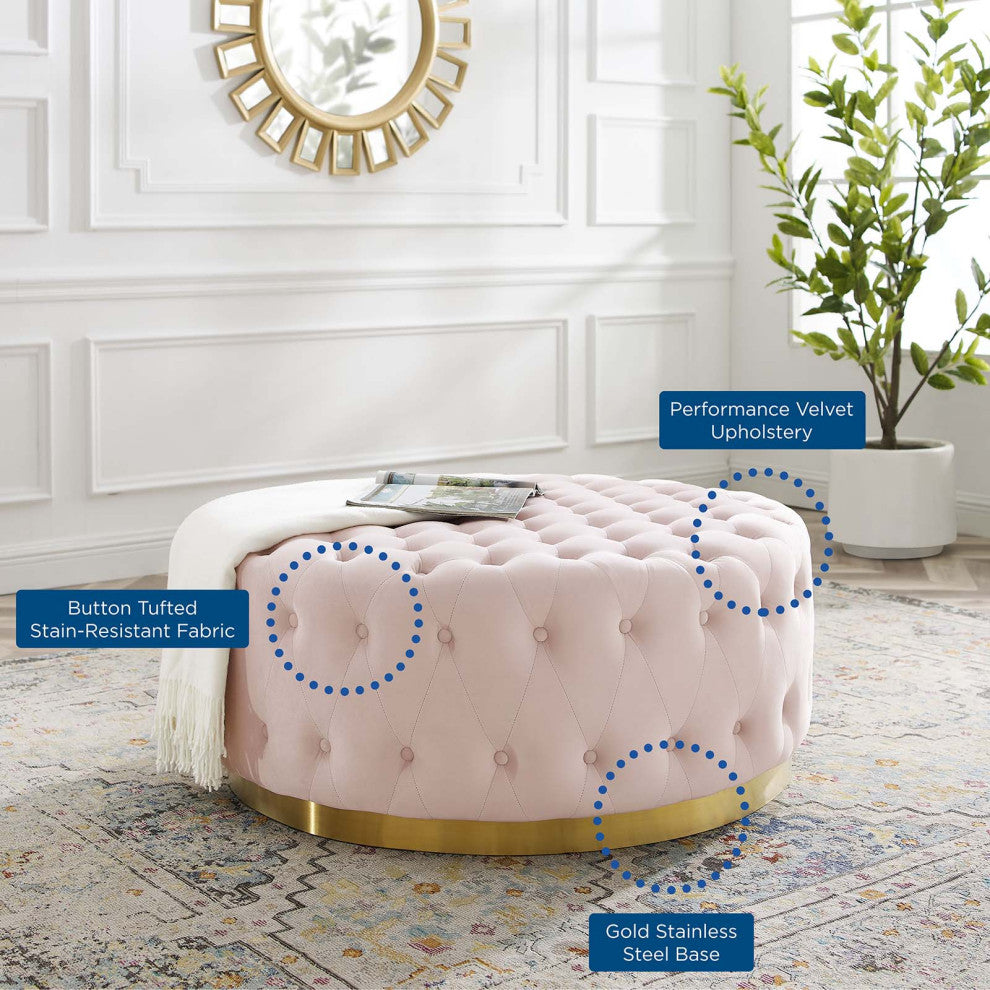 Tufted Accent Chair Ottoman, Round, Velvet, Pink, Modern, Lounge Hospitality