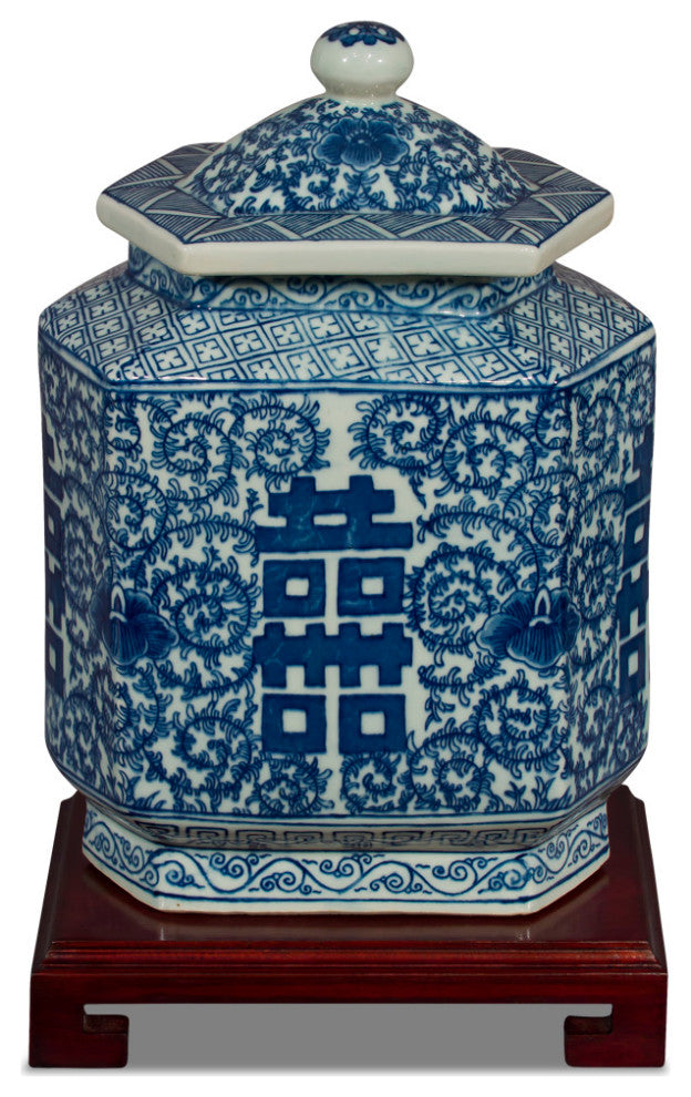 Blue and White Porcelain Tea Jar Double Happiness Motif