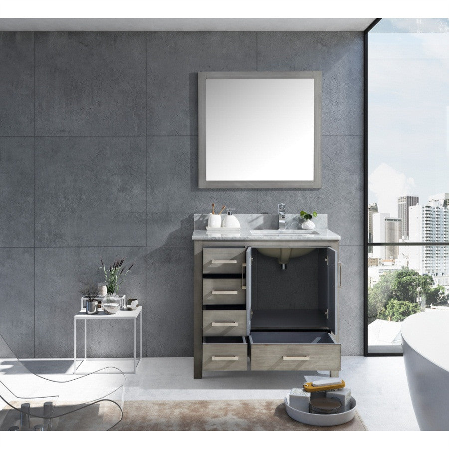 36" Distressed Grey Single Vanity,Marble Top,Sink & 34" Mirror - Right Version