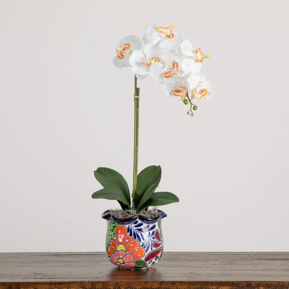 26" Artificial Orchid Arrangement, Handmade Mexican Talavera Ceramic Planter