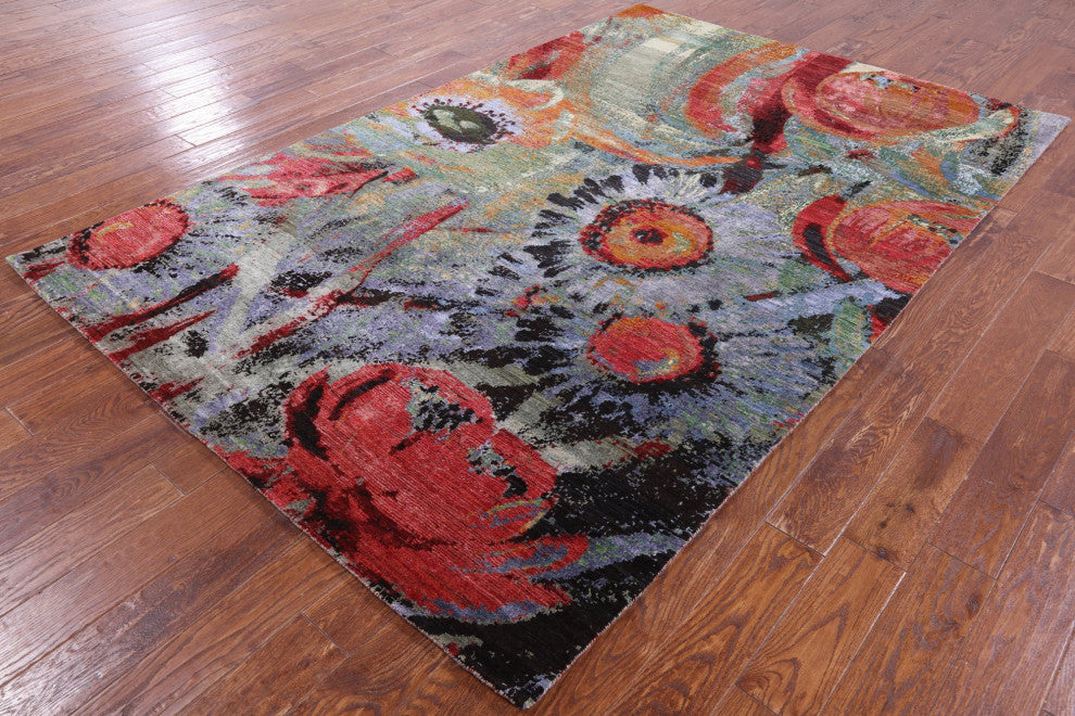 6' 2" X 9' 4" Garden Design Wool and Silk Rug Q8789