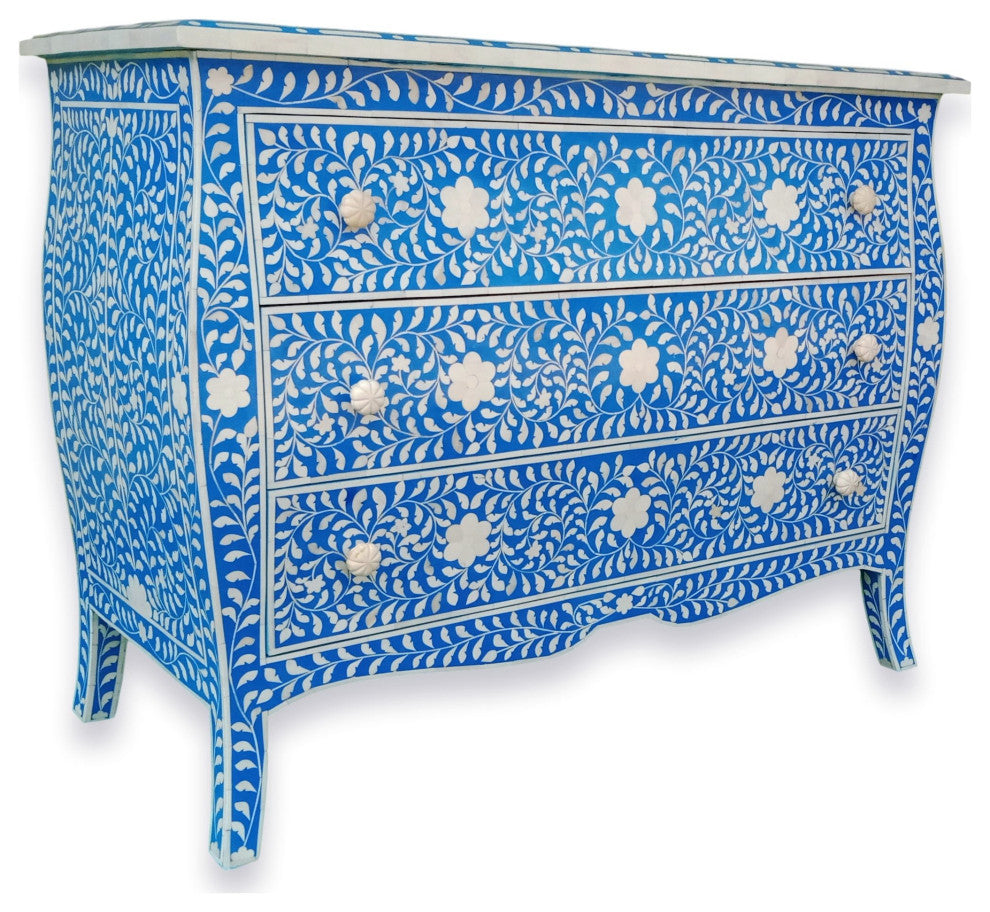 Curved French Style Bone Inlay Dresser Chest in Blue