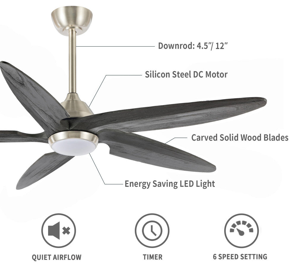 54" Solid Wood 5-Blade LED Ceiling Fan with Remote Control and Light Kit, Satin Nickel/Gray