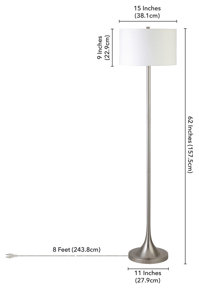 62" Nickel Traditional Shaped Floor Lamp With White Frosted Glass Drum Shade