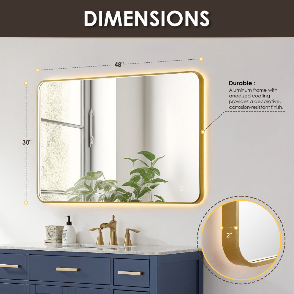 Dazzle Rectangular Bathroom/Vanity LED Lighted Wall Mirror, Brushed Gold, 48"