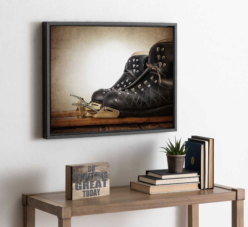 Sylvie Vintage Ski Boots Framed Canvas by Shawn St. Peter, Gray 18x24