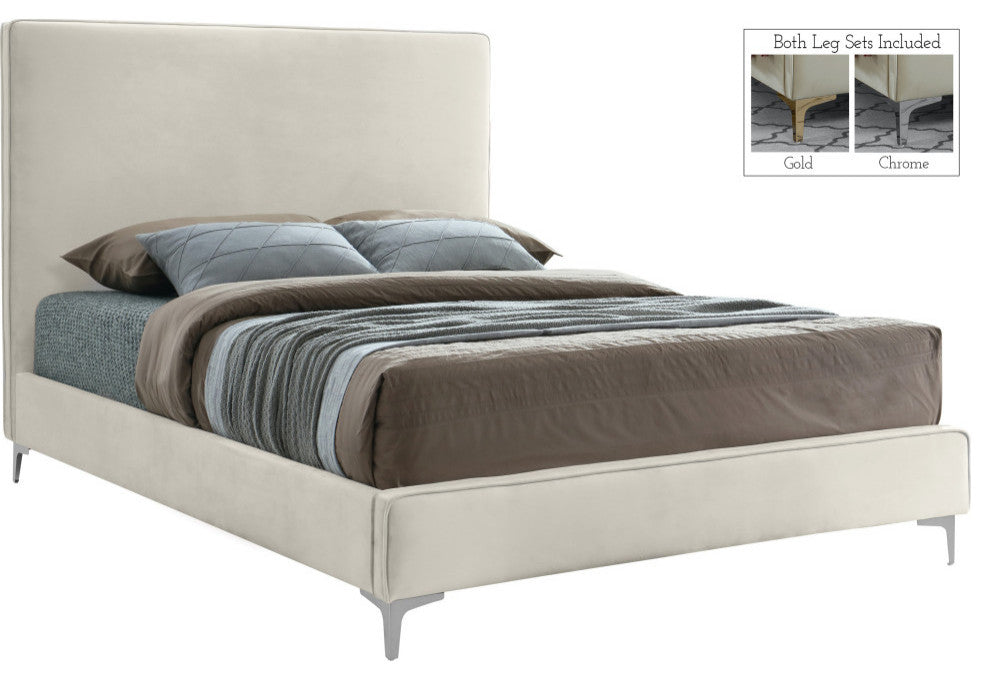 Geri Velvet Upholstered Bed, Cream, Queen
