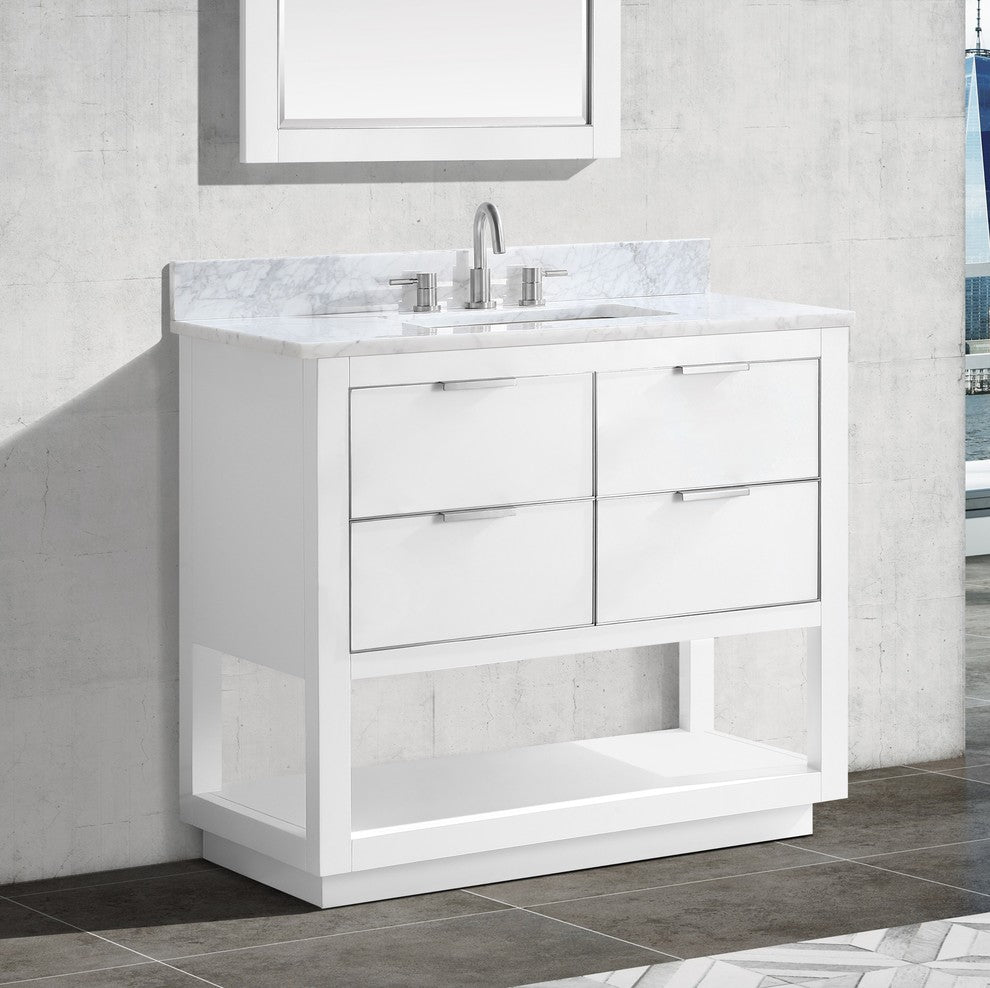 Allie 37" Vanity Combo, White, Brushed Silver / Natural 1" Carrara White Marble Countertop and Backsplash