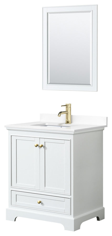 30"SGL Vanity White, White Cult. Marble Countertop, Sink, Gold Trim, 24"Mirror