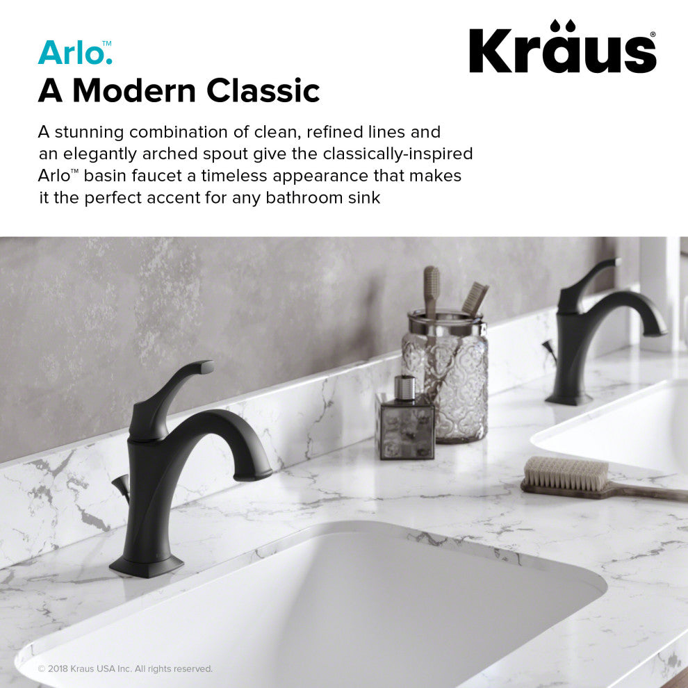 Kraus Arlo Single Handle Basin Faucet, Lift Rod Drain, Matte Black, Set of 2