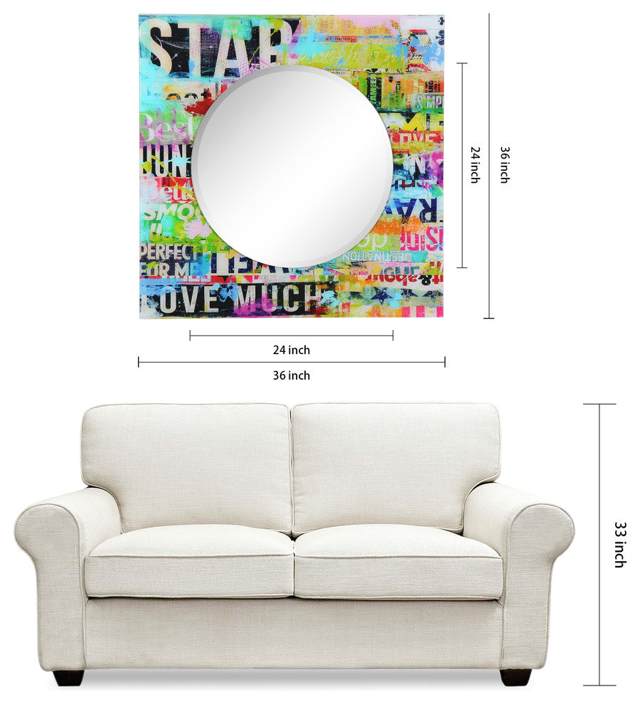 "Star" Square Beveled Wall Mirror on Free Floating Printed Tempered Art Glass
