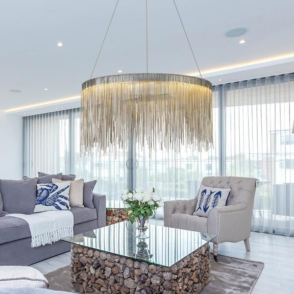 Cadena Stainless Steel Chain Tassel Chandelier, Diameter 24"