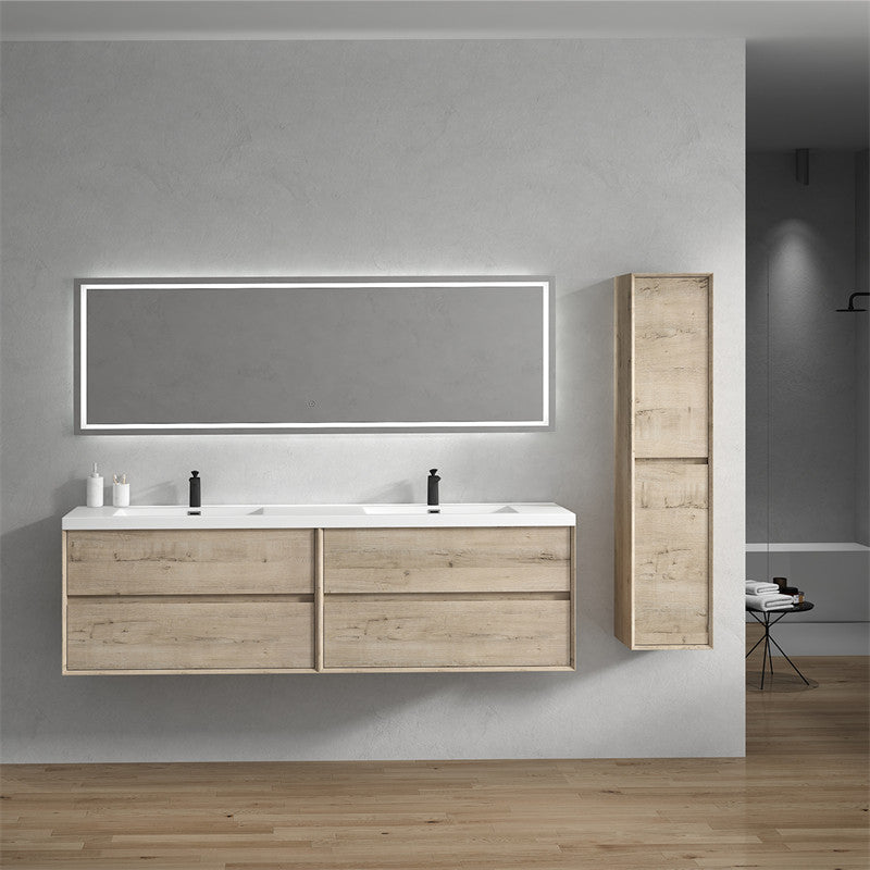 Ashley 84'' Floating Vanity, Acrylic Top, Double Sink, Light White Oak