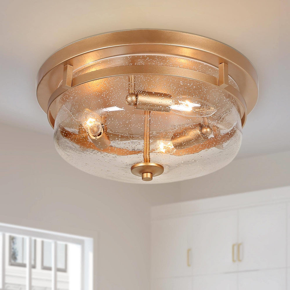 LNC Modern 3-Light Gold Flush Mount Light With Seeded Glass Shade
