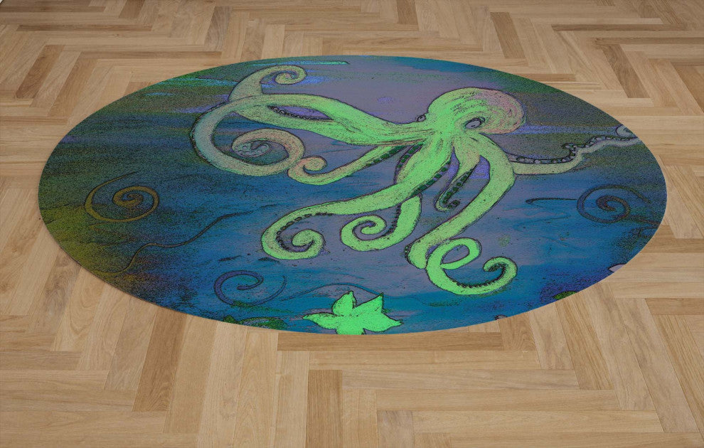 Sea life round chenille area rugs from my art. Approximately 60", Green Octopus,