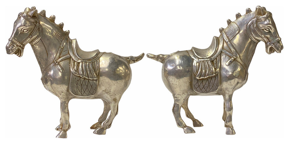 Pair Chinese Oriental Silver Color Metal Fengshui Horse Figures Hws1829