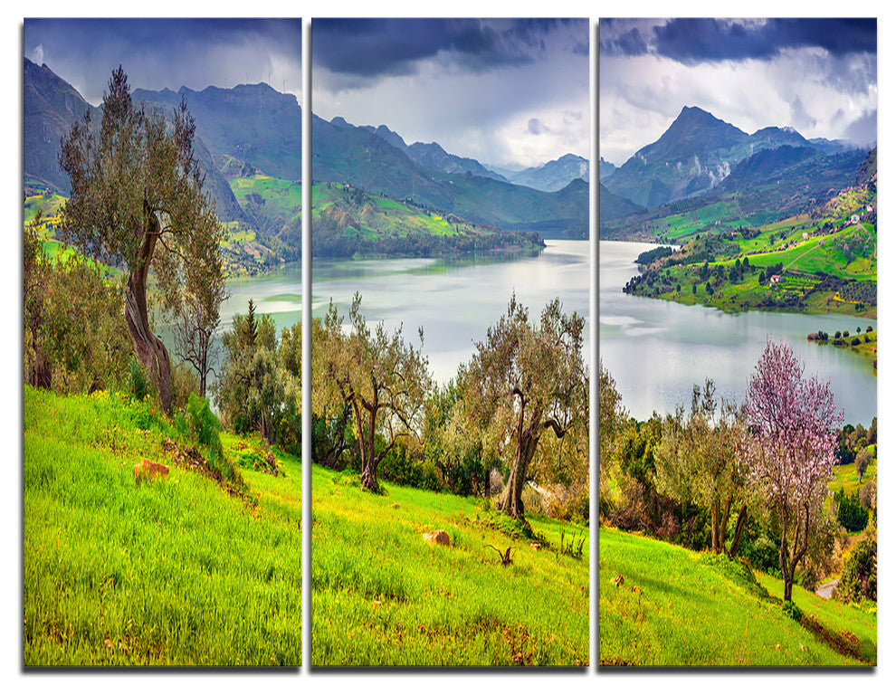 "Lake Rosamarina Panorama" Photo Canvas Art Print, 3 Panels, 36"x28"